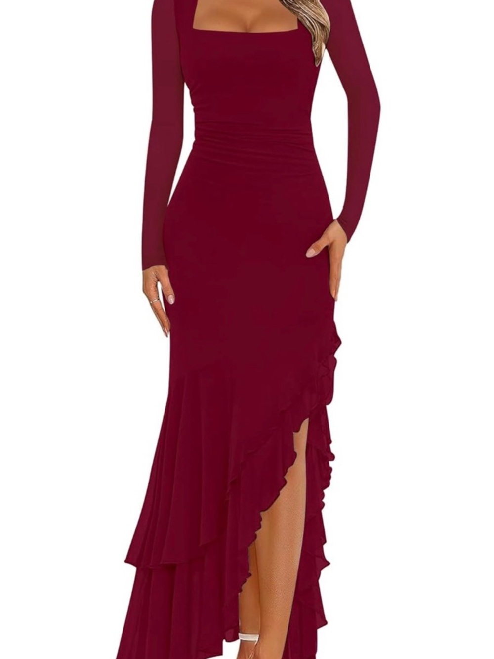 (NEVER WORN) Sexy Burgundy dress w/ high ruffled slit and mesh long sleeves